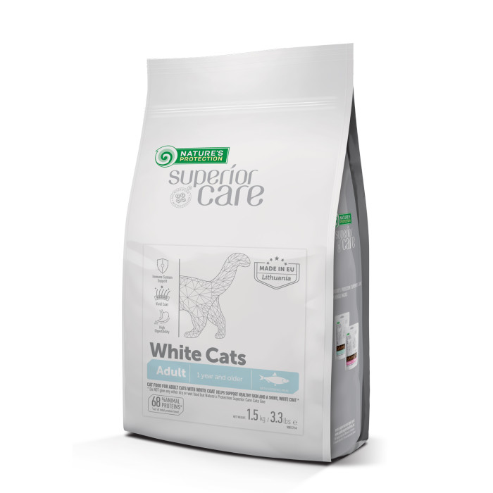 NATURE'S PROTECTION SUPERIOR CARE White Cats Grain Free Herring Adult All Breeds, teraviljavaba kuivtoit heeringaga kõigile täiskasvanud valge karvkattega kassidele 