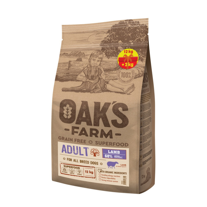 OAK'S FARM сухой беззерновой корм для взрослых собак всех пород, с бараниной  