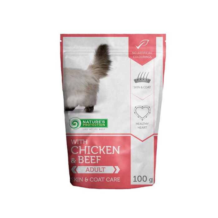 NATURE'S PROTECTION Skin & coat care Adult cat With chicken and beef, консервы для взрослых кошек с курицей и говядиной, в пакетике 