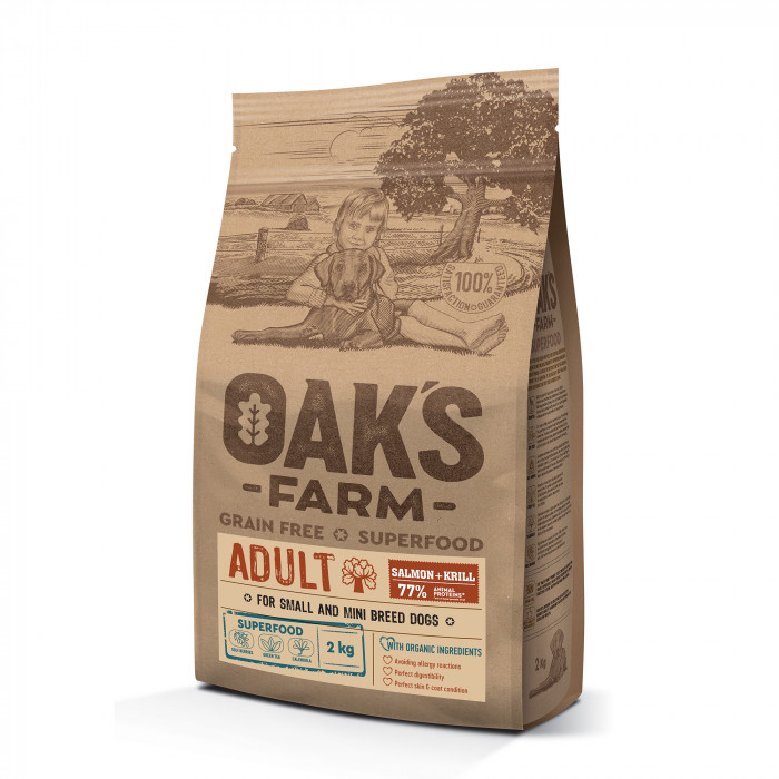 OAK'S FARM сухой беззерновой корм для взрослых собак маленьких и миниатюрных пород, с лососем и крилем 