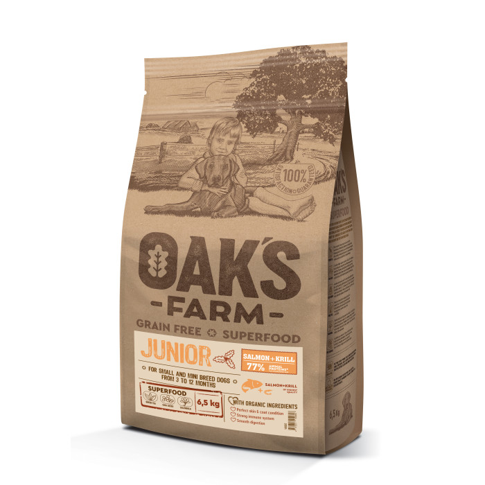 OAK'S FARM Cухой корм для молодых собак мелких пород с лососем 