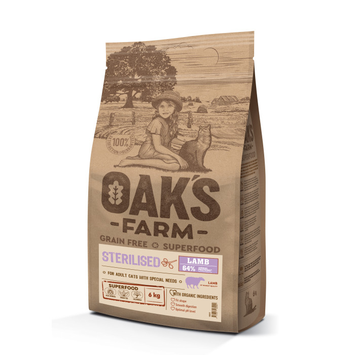 OAK'S FARM Cухой корм для взрослых стерилизованных кошек с бараниной 